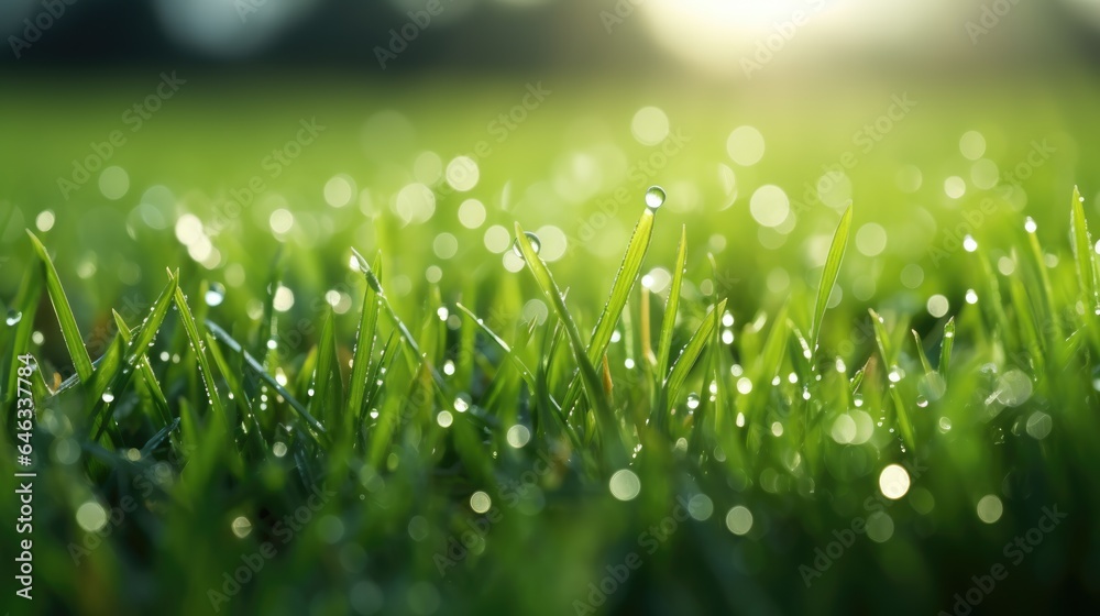In bright summer spring morning sunlight, grass blades are close-up with dew drops. Beautiful wide format natural background macro image. In bright summer spring morning sunlight, grass blades are close-up with dew drops. Beautiful wide format natural background macro image.