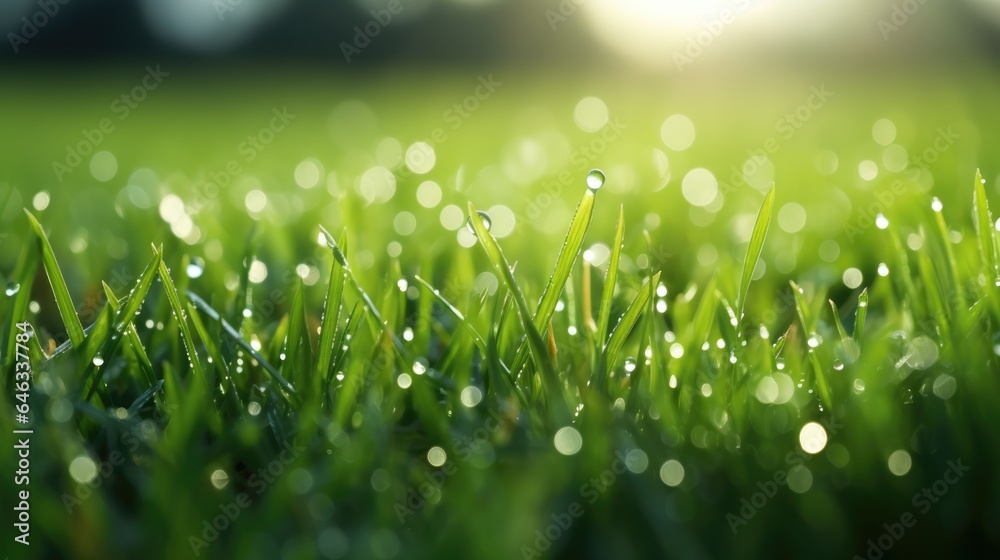 In bright summer spring morning sunlight, grass blades are close-up with dew drops. Beautiful wide format natural background macro image.