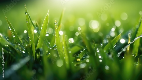 In bright summer spring morning sunlight  grass blades are close-up with dew drops. Beautiful wide format natural background macro image.