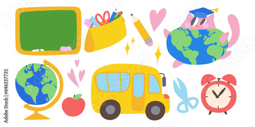 School supply clipart, cartoon style elements