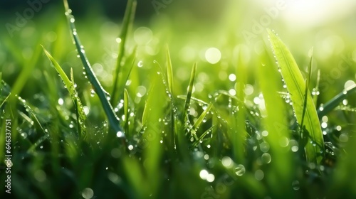 In bright summer spring morning sunlight, grass blades are close-up with dew drops. Beautiful wide format natural background macro image.