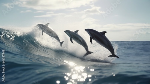 dolphins jumping in the middle of the sea