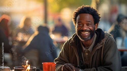 Happy homeless African man age of 40 sits at a table in a social centre outside with meal