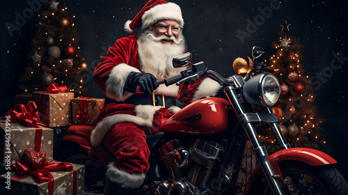 happy Santa Claus on motoroller of red color with christmass gift boxes at the black background