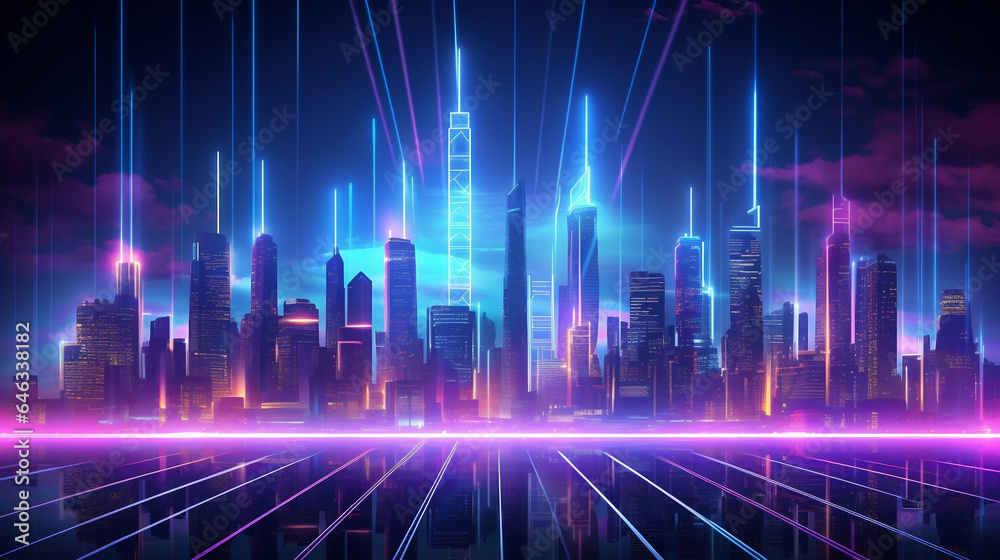 neon line city skyline background with rays,futuristic background neon line city skyline background with rays,futuristic background