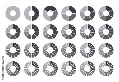 Circles divided into parts from 1 to 24. Black round chart for infographic, pie portion or pizza slice. Wheel division into fractions, circular shape sectors on white background