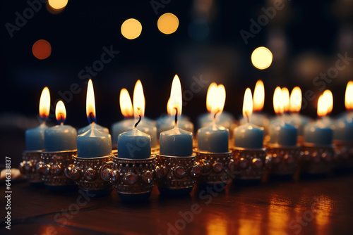 Beautiful decorated Menorah, burning candles for the holiday of Hanukkah