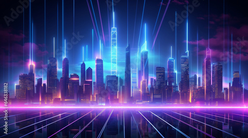 neon line city skyline background with rays,futuristic background