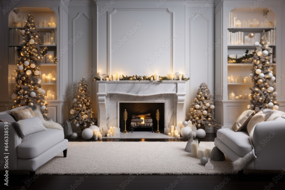 Christmas tree and gift boxes near the cozy fireplace in the traditional living interior Christmas tree and gift boxes near the cozy fireplace in the traditional living interior