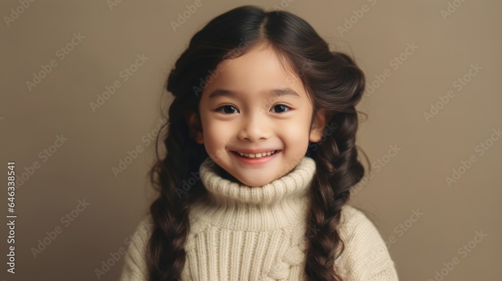 Cute brunette child wears a joyful grin against a beige studio backdrop. Generative AI Cute brunette child wears a joyful grin against a beige studio backdrop. Generative AI