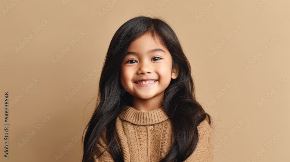 Happy little girl in neutral clothes smiles in a studio with a beige background. Generative AI Happy little girl in neutral clothes smiles in a studio with a beige background. Generative AI