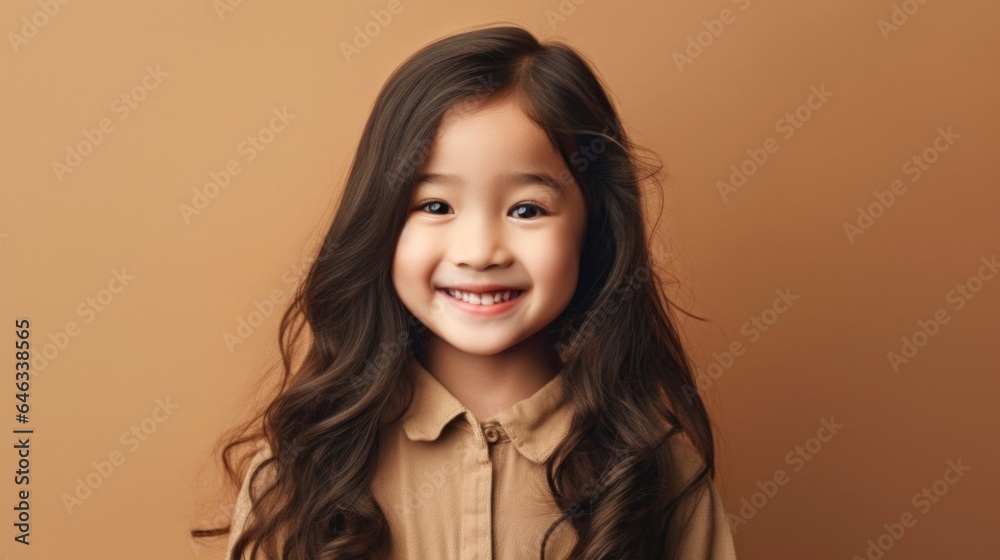 Happy little girl in neutral clothes smiles in a studio with a beige background. Generative AI Happy little girl in neutral clothes smiles in a studio with a beige background. Generative AI