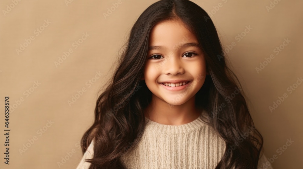 Joyful child with a toothy smile poses in a beige studio while wearing neutral attire. Generative AI Joyful child with a toothy smile poses in a beige studio while wearing neutral attire. Generative AI