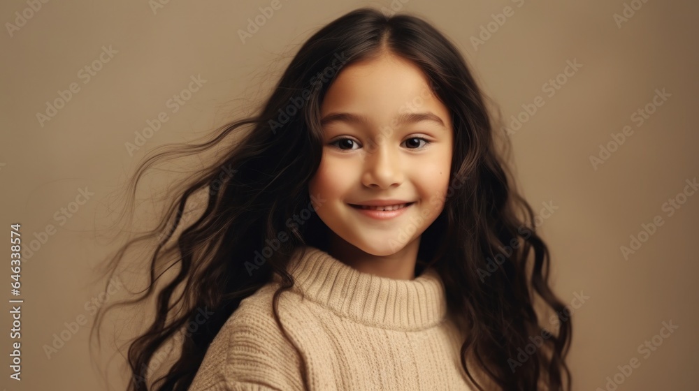 A young girl radiates positivity with her toothy grin in a neutral outfit, against a beige studio backdrop. Generative AI A young girl radiates positivity with her toothy grin in a neutral outfit, against a beige studio backdrop. Generative AI