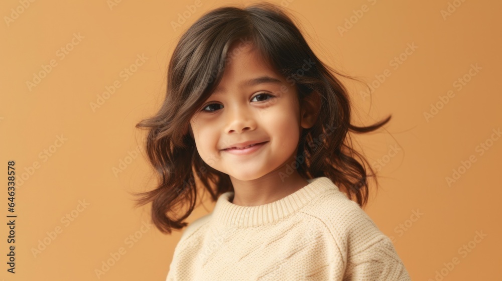 Joyful girl in neutral attire beams with a toothy smile in a studio setting. Generative AI Joyful girl in neutral attire beams with a toothy smile in a studio setting. Generative AI