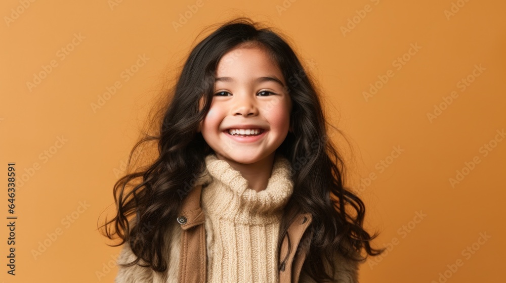 Happy little girl smiles in neutral clothes against beige backdrop. Generative AI Happy little girl smiles in neutral clothes against beige backdrop. Generative AI