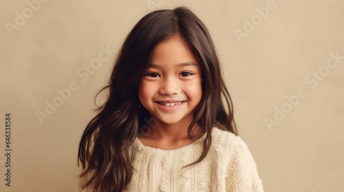 Cute brunette child wears a joyful grin against a beige studio backdrop. Generative AI