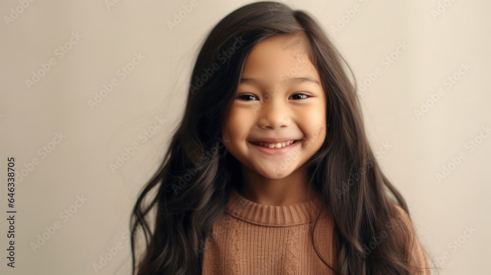 Studio portrait of a cute, smiling girl in neutral clothes. Generative AI Studio portrait of a cute, smiling girl in neutral clothes. Generative AI