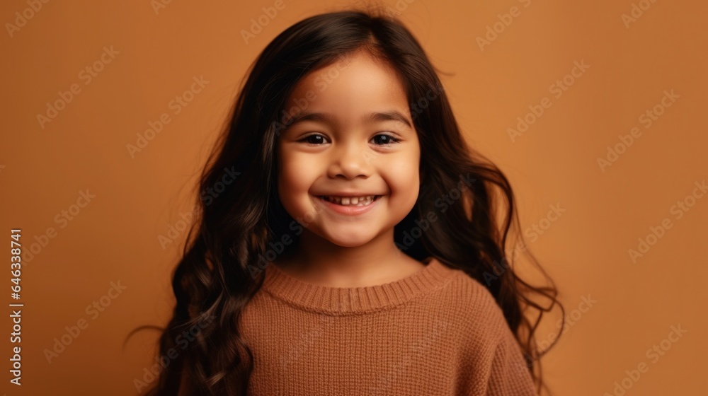 Joyful child with a toothy smile against a beige backdrop. Generative AI