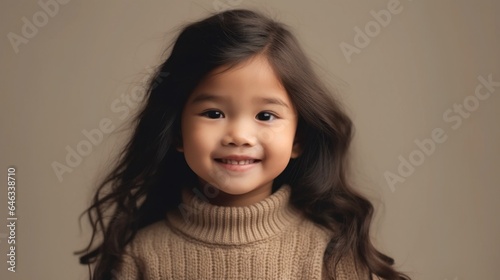 Joyful child with a toothy smile against a beige backdrop. Generative AI