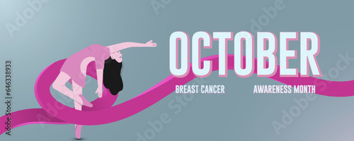 Breast cancer awareness month in October. Women flexible yoga poster cancer awareness concept. Vector illustration.