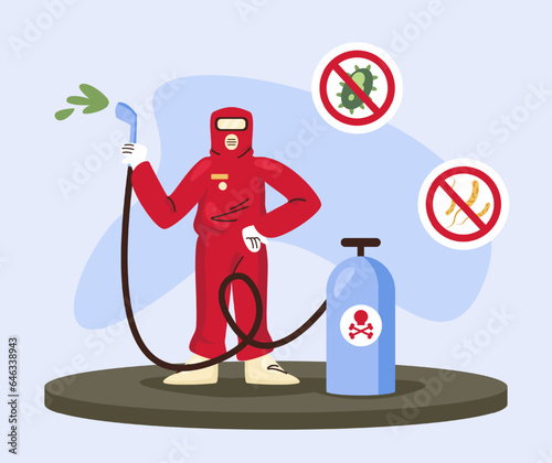Professional man holds spray with poison against viruses and bacteria. Worker performing room disinfection. Flat vector illustration in cartoon style and blue and red colors