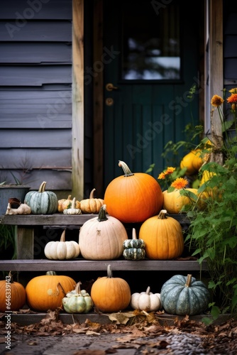 Fall pumpkins on the porch of farm house. Autumn scenery
