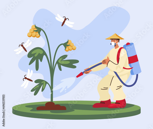 Male treats bush with berries with protective agent. Disinfection of plants from pests. Flat vector illustration in cartoon style and blue and red colors