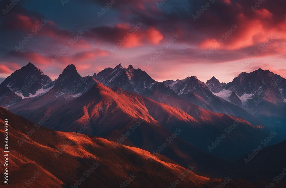 A majestic mountain range during sunset with vibrant hues illuminating the sky