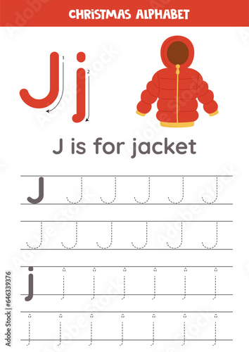 Tracing alphabet letters for kids. Christmas alphabet. J is for jacket.