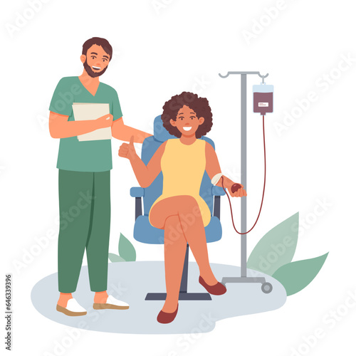 Beautiful lady sitting in chair and donating blood. Doctor collects blood from woman. Volunteering organization members. Lifesaving impact of blood. Vector flat illustration