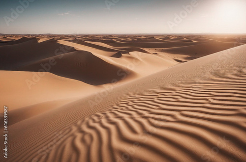 A vast otherworldly desert landscape with towering sand dunes stretch as far as the eye can see