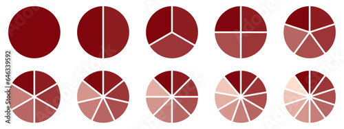 Circles divided diagram 3, 10, 7, graph icon pie shape section chart. Segment circle round vector 6, 9 devide infographic.