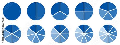 Circles divided diagram 3, 10, 7, graph icon pie shape section chart. Segment circle round vector 6, 9 devide infographic.