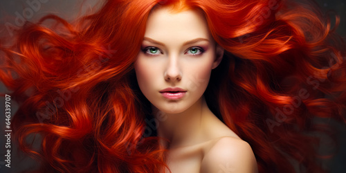 Young red haired woman with gorgeous voluminous long hair  dense  hairstyle. hair dye  hairstyle