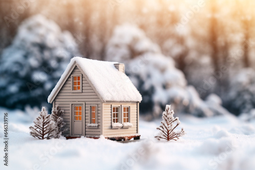 Miniature house in cold winter landscape. Symbolizes increasing electricity and energy costs, consumption. Concept of expansive living. Generative AI illustration.