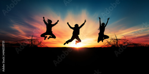 Silhouette happy friends jump on sunset sky at to three friends jumping over the sky at sunset Joy moment Stock Photos, Royalty Free Joy moment Ai Generative