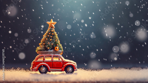 Red miniature toy car with a Christmas tree on the roof. Wintry and snowy landscape. Christmas and holiday concept. Blurred bokeh background. AI generative illustration. © Anna