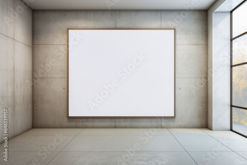 Empty room, with window and plastered concrete grungy wall and floor. Blank mockup photo frame. Front view of white poster. Interior and studio concept. AI generative illustration. © Anna