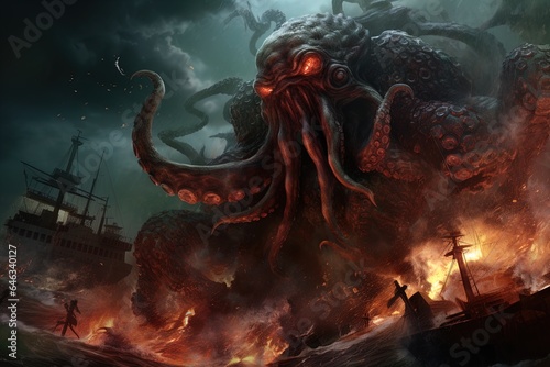 A monstrous Kraken attacks a ship. Great for stories on mythology, sci-fi, adventure, maritime lore, fantasy and more. 