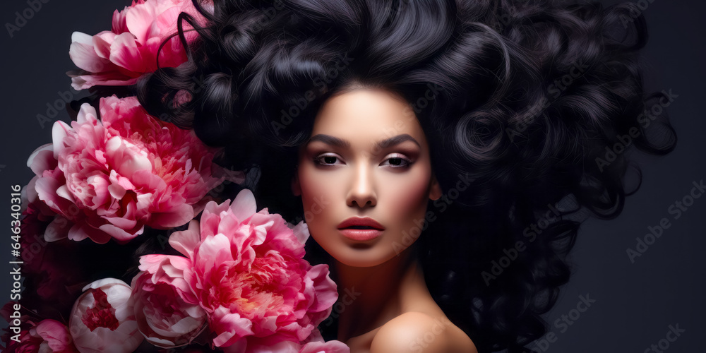 brunette with gorgeous voluminous long dense hair surrounded pionies. hair dye, hairstyle, haircare