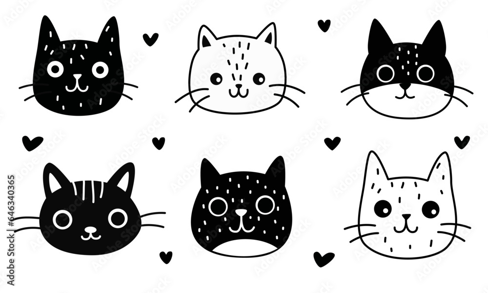 A set of cute vector illustrations. Cute faces of kittens in black and white colors in linear style. Simple children's illustrations. Vector illustration