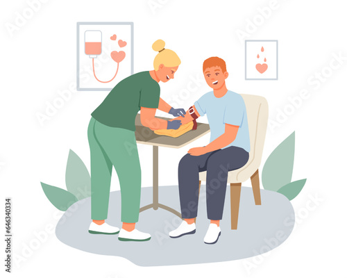 Doctor working with patient in hospital. Doctor collects blood from man. Volunteering organization members. Lifesaving impact of blood. Vector flat illustration