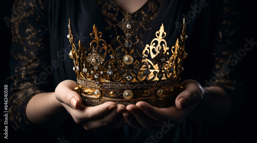 Mysterious and magical image of womans hand holding a queens crown