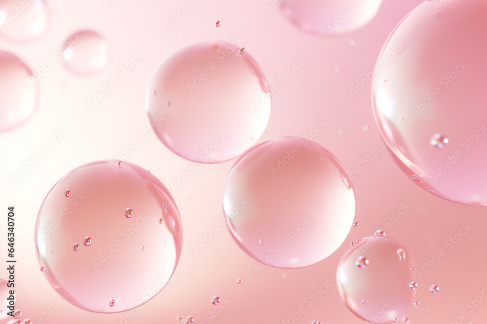 Close up of water with bubbles on a pink background for cosmetic background.Created with Generative AI technology.