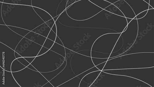 Black random line, linear art modern background. Abstract hand drawn scribble doodle chaos pattern texture isolated on black background