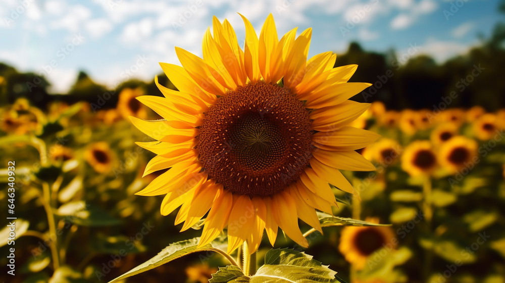 Fototapeta premium ひまわり畑の向日葵のクローズアップ風景「AI生成画像」