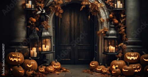 Jack-o-lantern Halloween pumpkin on the porch. Festive home decorations. Generative AI
