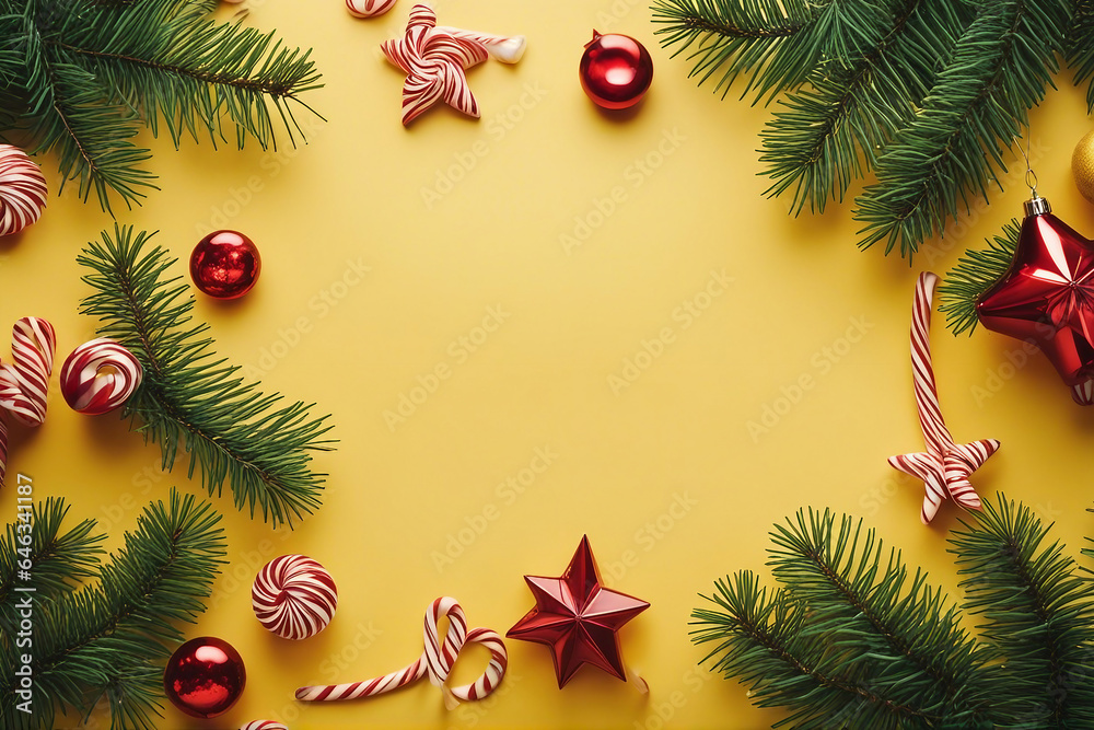 Christmas fir tree branches seasonal ornament candy canes stars creative flat lay Christmas fir tree branches seasonal ornament candy canes stars creative flat lay