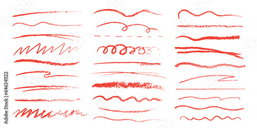 Red crayon or charcoal underlines. Doodle lines with grunge pastel pencil texture. Hand drawn chalk scribbles or rough strokes. Sketchy brushes bar line